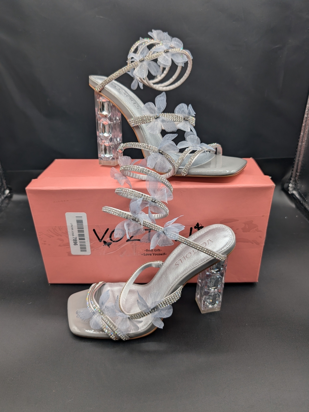 Silver Floral Crystal-Embellished Block Heel Sandals